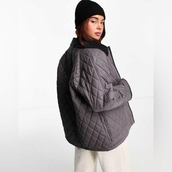 ASOS Design Quilt Jacket with Cord Collar Size 6 Women’s Charcoal Gray - Picture 2 of 11